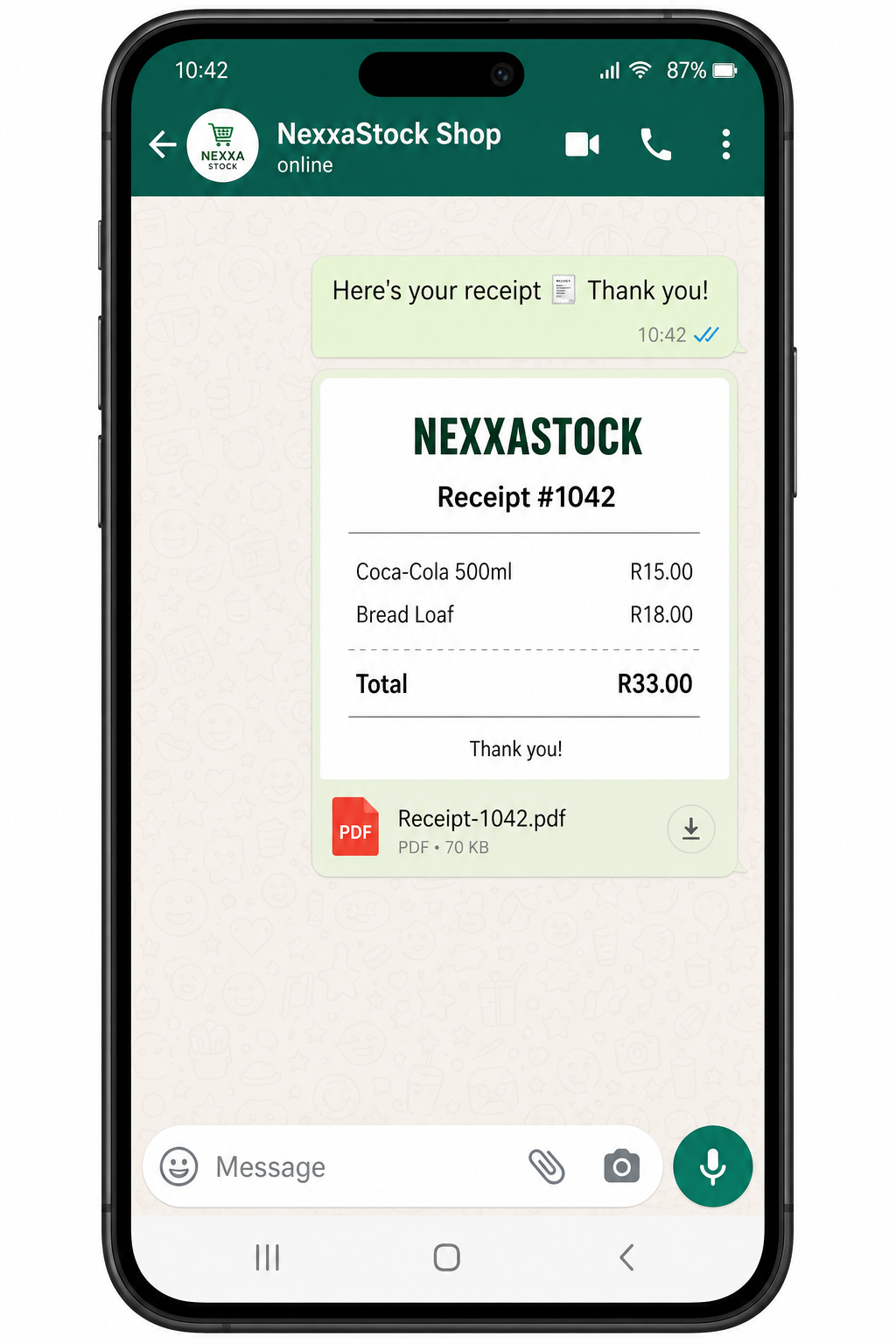 A WhatsApp chat showing a SmartStore PDF receipt sent to a customer